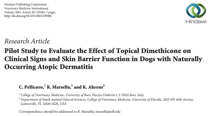 Pilot Study to Evaluate the Effect of Topical Dimethicone on Clinical Signs and Skin Barrier Function in Dogs with Naturally Occurring Atopic Dermatitis