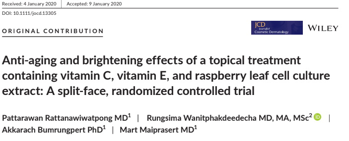 Anti-aging and brightening effects of a topical treatment containing vitamin C, vitamin E, and raspberry leaf cell culture extract: A split-face, randomized controlled trial