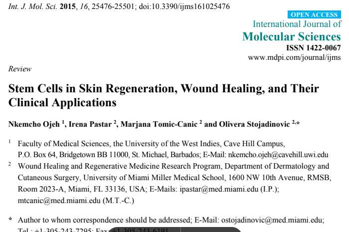 Stem Cells in Skin Regeneration, Wound Healing, and Their Clinical Applications