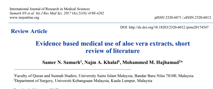 Evidence based medical use of aloe vera extracts, short review of literature