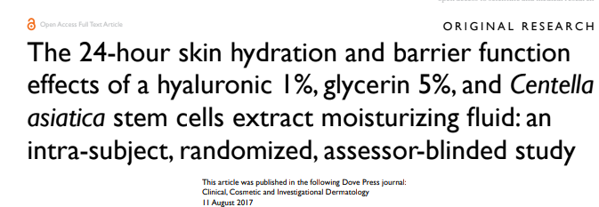 The 24-hour skin hydration and barrier function effects of a hyaluronic 1%, glycerin 5%, and Centella asiatica stem cells extract moisturizing fluid: an intra-subject, randomized, assessor-blinded study